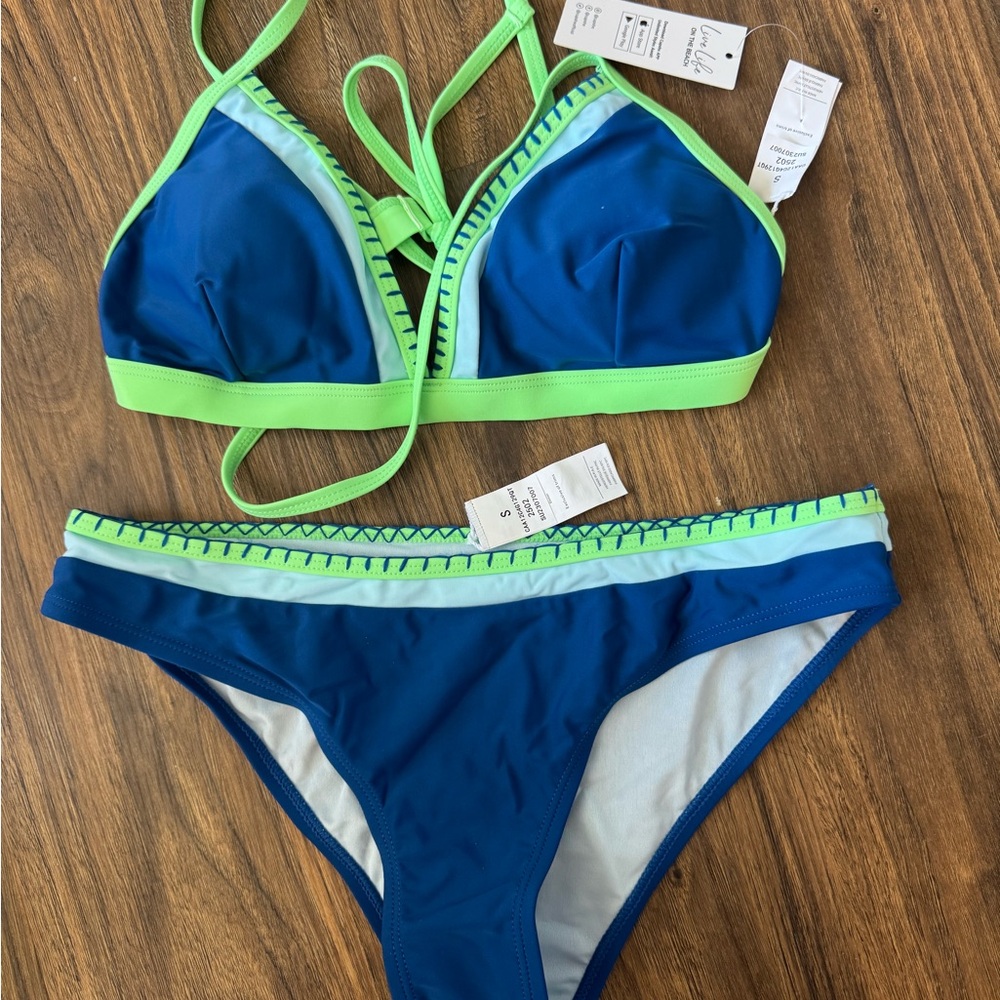 Cupshe Blue Bikini with Neon Green Trim Two-Piece Swimsuit
